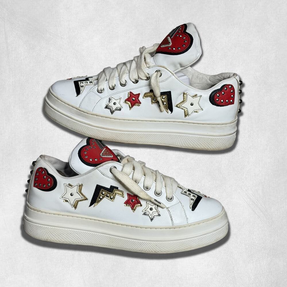 7W US (37) | Prada Robot Heart Patches White Leather Sneaker - Picture 3 of 10